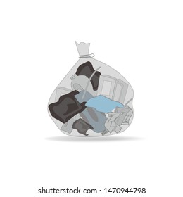 
illustration of a pile of garbage that is put into a large transparent sack. against a white background.