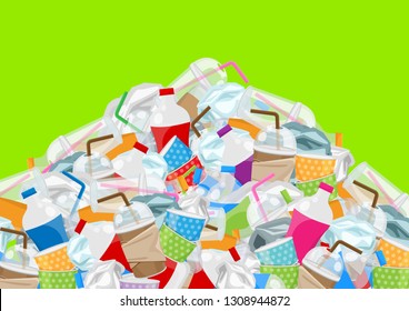 illustration pile of garbage waste plastic and paper in mountain shape isolated on green screen, bottles plastic garbage waste many, stack of plastic bottle paper cup waste dump, pollution garbage