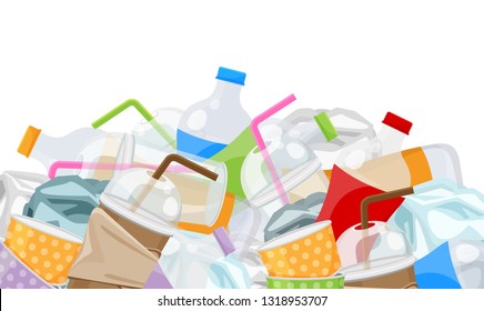 illustration of pile garbage waste plastic and paper many isolated on white background, bottles plastic garbage waste many, stack of plastic bottle paper cup waste dump, pollution from garbage trash