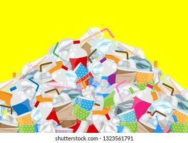 illustration of pile garbage waste plastic and paper in mountain shape isolated yellow background, bottles plastic garbage waste many, stack of plastic bottle paper cup waste dump, pollution garbage