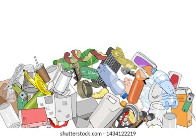 Illustration of pile garbage waste plastic and paper in mountain shape isolated white background, bottles plastic garbage waste many, stack of plastic bottle paper cup waste dump, pollution garbage