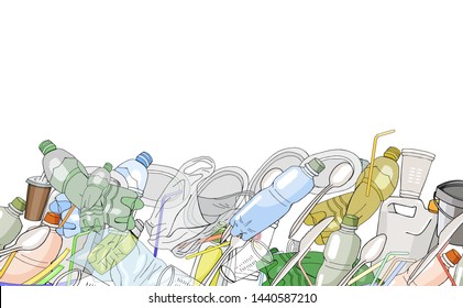 Illustration of pile garbage waste plastic and paper in mountain shape isolated white background, bottles plastic garbage waste many, stack of plastic bottle paper cup waste dump, pollution garbage