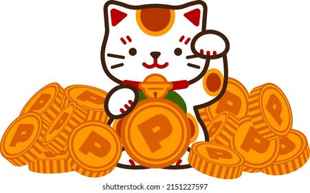 Illustration of a pile of point coins and a beckoning cat