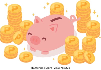 Illustration of a pile of point coins and a piggy bank
