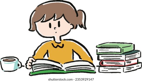 Illustration of piles of books, fallen leaves and coffee Autumn reading