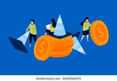 Illustration of piles of coins with warning cones, representing caution signs in the financial system. Perfect for risk management, finance blogs, banking alerts, and economic awareness content.