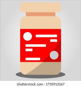 Illustration of pill bottles of drugs labeled red. Vector illustration of the world of health and pharmacy.