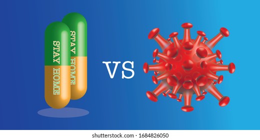 Illustration of a pill for Coronavirus Covid-19. STAY HOME  is the best madicine for COVID-19