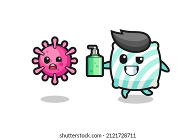 illustration of pillow character chasing evil virus with hand sanitizer , cute style design for t shirt, sticker, logo element
