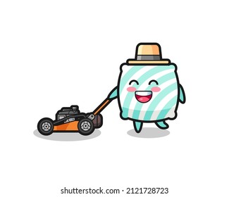 illustration of the pillow character using lawn mower , cute style design for t shirt, sticker, logo element