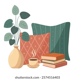 Illustration with pillows, books, room furniture and a cup of coffee. Concept of home comfort and tranquility. Vector illustration.