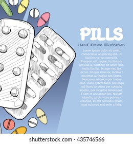 illustration of pills on blue background.