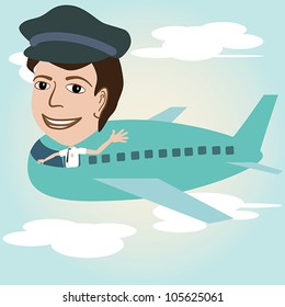 illustration of a pilot on an airplane above sky.