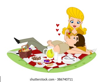 Illustration of a Pin Up Girl Feeding Her Man a Strawberry Fruit on their Picnic Date