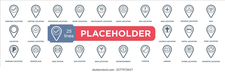 Illustration of pin icons for diverse locations, featuring services like restaurants, gas stations, and libraries. Useful for navigation apps, maps, and location-based service designs.