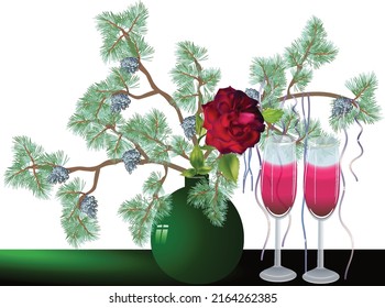 illustration with pine branch in vase and wine glasses isolated on white background