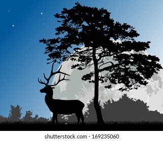 illustration with pine and deer silhouettes at full moon