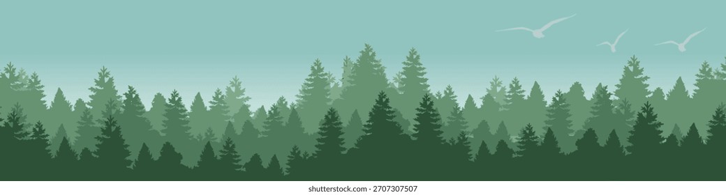 Illustration of a pine forest with evergreen trees and birds flying in a pale green sky.