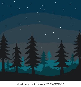 An illustration of a pine forest at night drawn in a pixel art style, usually for a background or greeting card