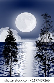 illustration with pine forest silhouettes under moon light
