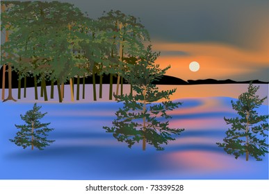 illustration with pine forest in winter landscape