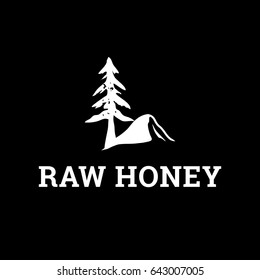 Illustration of a pine growing on a rock. Vector logo template for raw natural honey. Concept for organic farm products. EPS10.