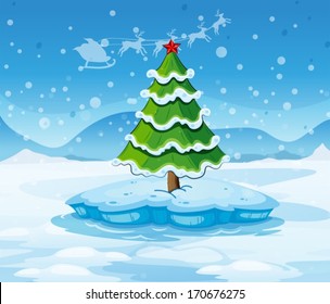 Illustration of a pine tree above an iceberg with a red star