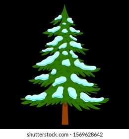Illustration of pine tree with snow in cartoon style isolated on white background. Design element for poster, banner, card, emblem. Vector illustration