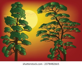 ilustración con pinos sobre fondo de puesta de sol rojo