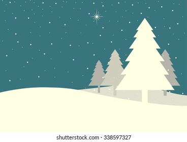 Illustration of pine trees on snowy hills in vintage colour