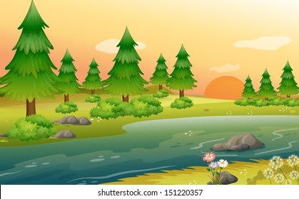 Illustration of the pine trees at the riverbank