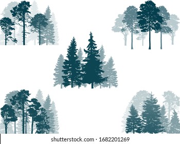 illustration with pine trees set isolated on white background