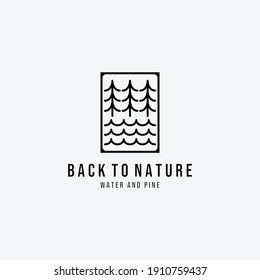 Illustration of Pine and Water Wave Logo Vector Line Art, Design of Wildlife Nature Outdoor