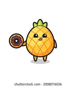 illustration of an pineapple character eating a doughnut , cute style design for t shirt, sticker, logo element