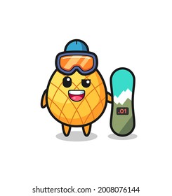 Ilustración del personaje de la piña con estilo snowboard , diseño de estilo lindo para camiseta, pegatina, elemento logo