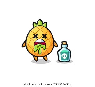 ilustración de un personaje de piña vómito debido a envenenamiento, diseño de estilo lindo para camiseta, pegatina, elemento logo