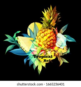 
Ilustración con piña, flores, hojas aisladas en negro. Abstracto, acuarela. Dibujado a mano. Vector - stock.