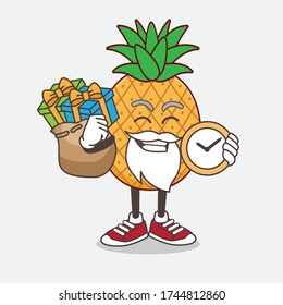 An illustration of Pineapple Fruit cartoon mascot character having a sack of gifts