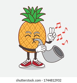 An illustration of Pineapple Fruit cartoon mascot character playing music with trumpet
