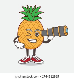 An illustration of Pineapple Fruit cartoon mascot character using a monocular