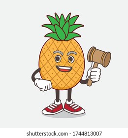 An illustration of Pineapple Fruit cartoon mascot character as wise judge with hammer