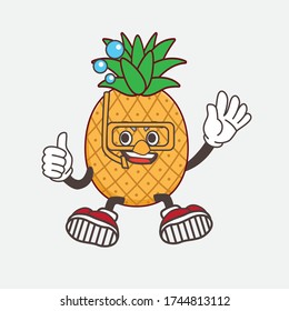 An illustration of Pineapple Fruit cartoon mascot character wearing Diving gears