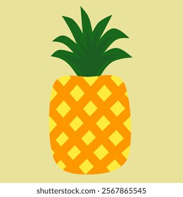 Illustration of pineapple fruit with leaves. Ananas comosus. Bromeliaceae.