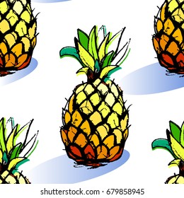 Illustration of Pineapple fruit in seamless pattern on isolated background in Vector. Tropical exotic pattern with natural hand drawn pineapples