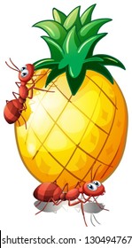 Ilustración de un fruto de piña con dos hormigas sobre un fondo blanco