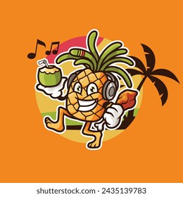 illustration of a pineapple holding a chicken and a coconut vector