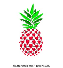 Illustration of pineapple made from heart shapes isolated on white background.