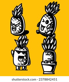 an illustration of a pineapple mascot bundle in black and white