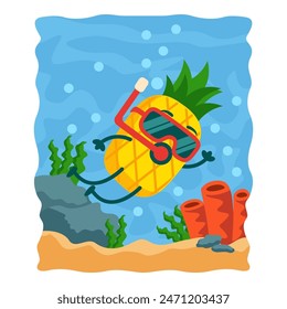 illustration of Pineapple mascot character dives into the ocean