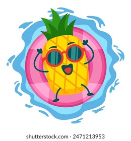 illustration of pineapple mascot character floating in the ocean